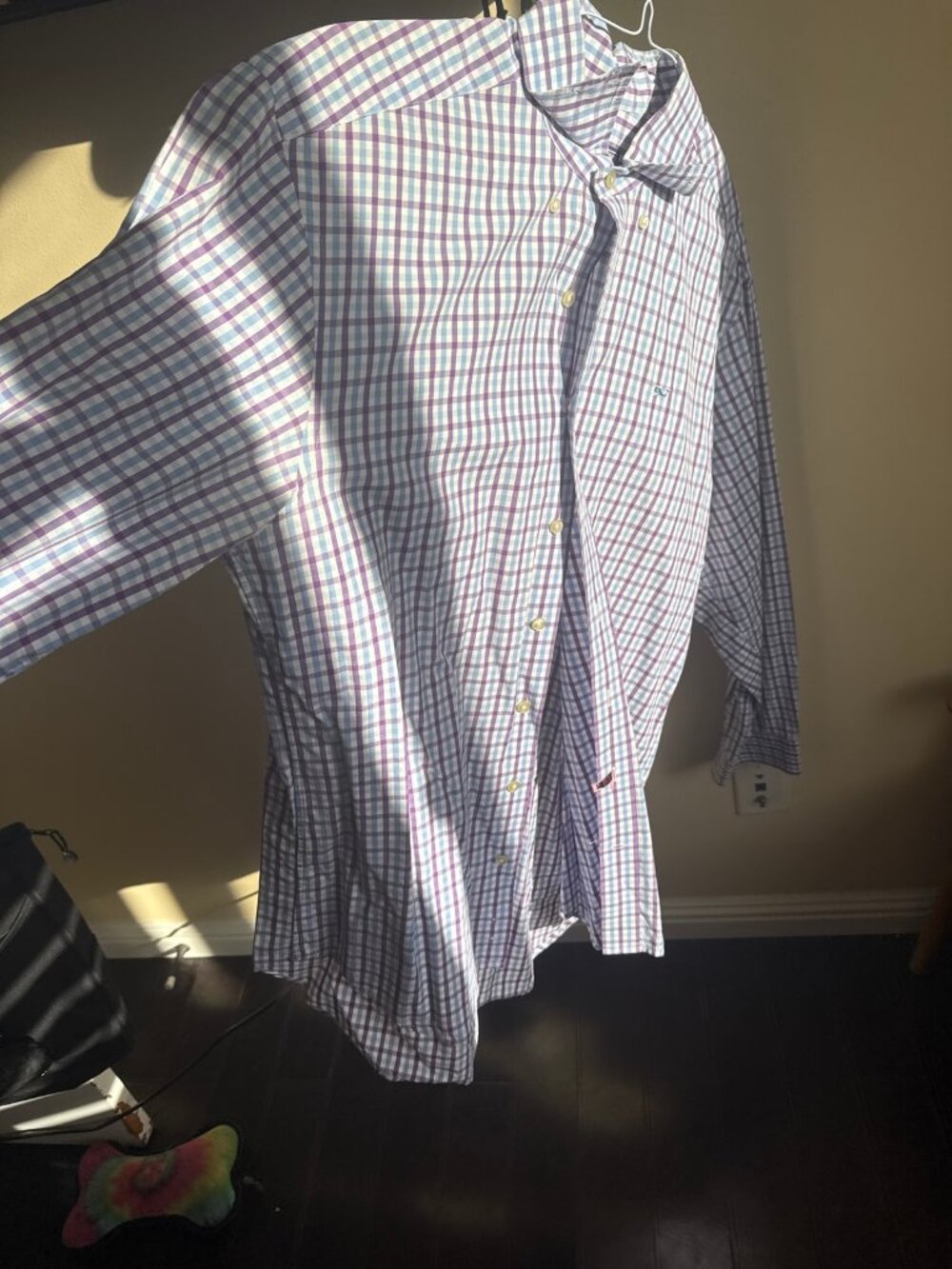 Vineyard Vines Whale Shirt Mens Medium Purple Blue White Gingham Check Button Do